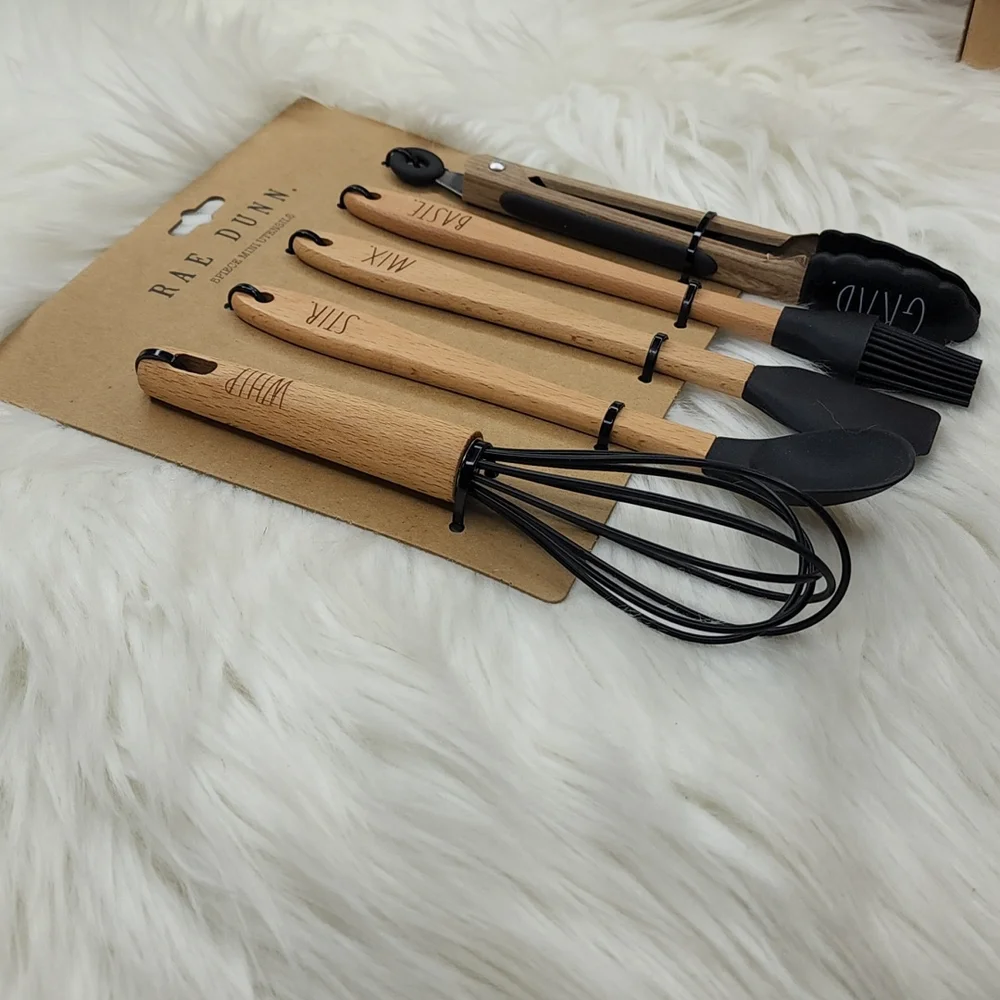 Rae Dunn 5 Piece Mini Kitchen Utensils Set Wood Black Silicone